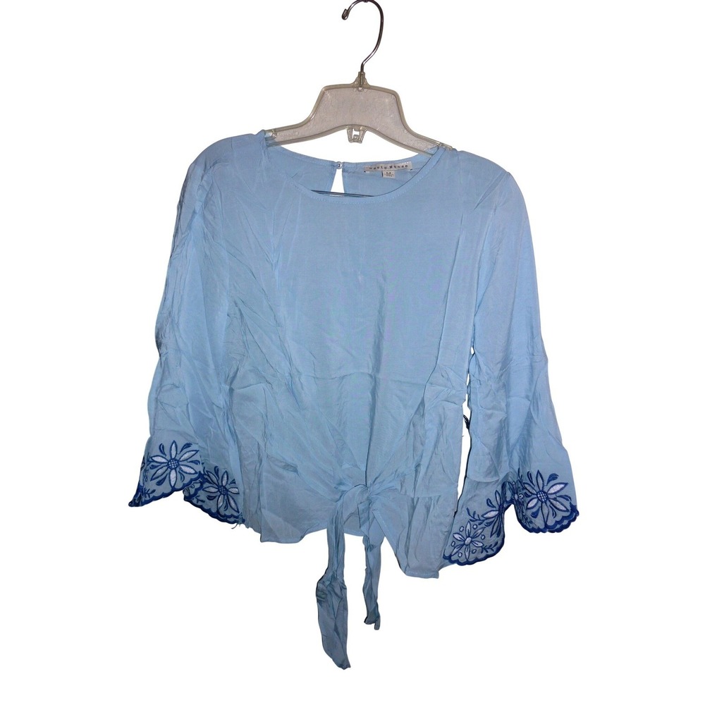 Haute Monde Blue Embroidered Bell Sleeve Tie Front Blouse Top Medium M